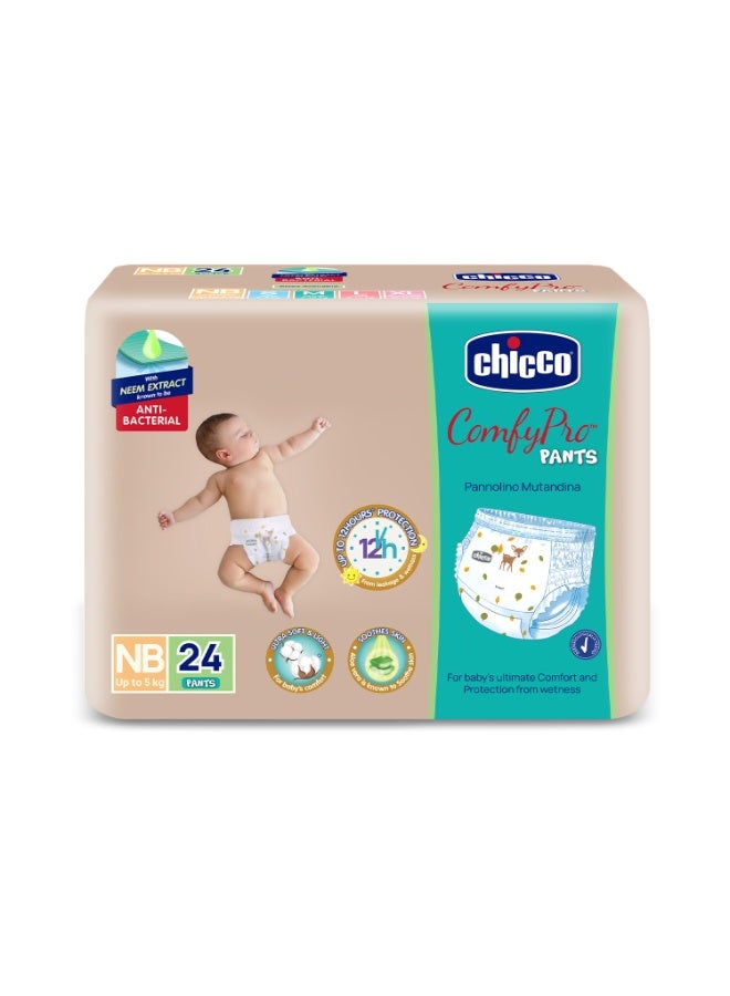 شيكو Chicco Comfy-Pro Pant Style Baby Diapers | Anti-bacterial benefits | Ultra Soft & 12hrs protection | Wetness indicator & Disposing Tapes - New Born, 24 Count, Upto 5kg - Image 1